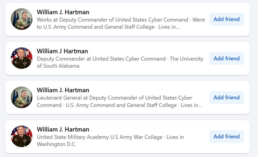 A snapshot of four different William J. Hartman Facebook profiles.