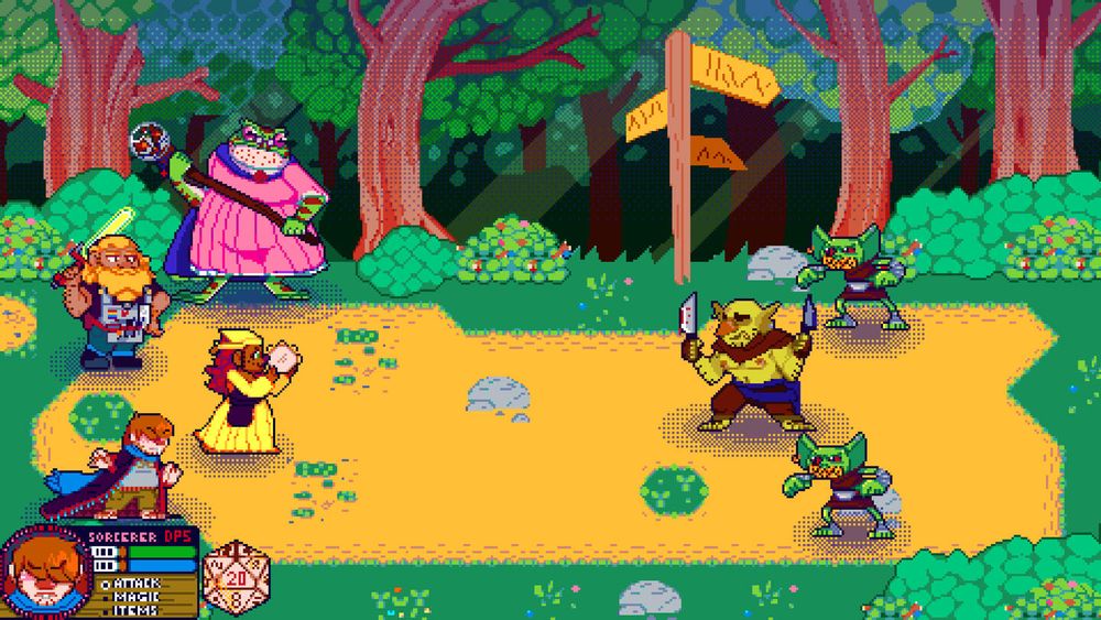 Pixel art mock up scene of a group of adventurers fighting some goblins 
