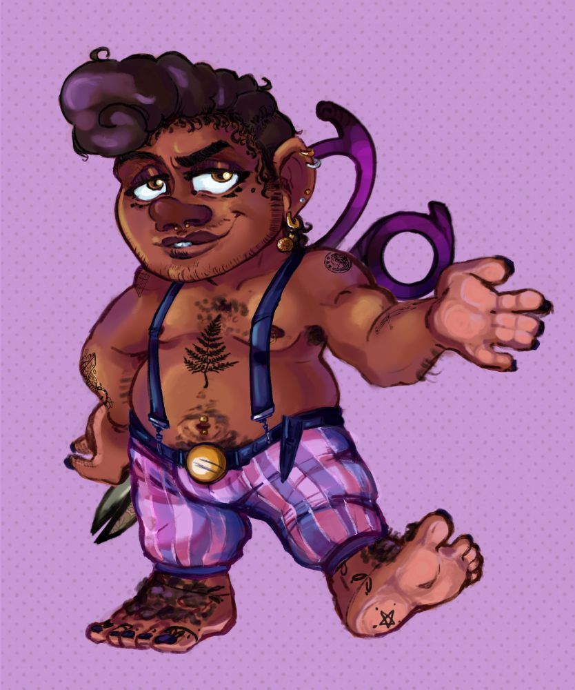 Pa, a dark skinned halfing with big scissors in his back.