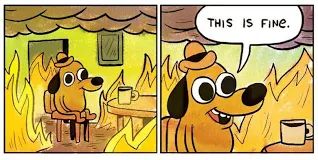 This is fine meme joke with a yellow dog in a hat saying “this is fine” with the surrounding on fire, with things not being fine.