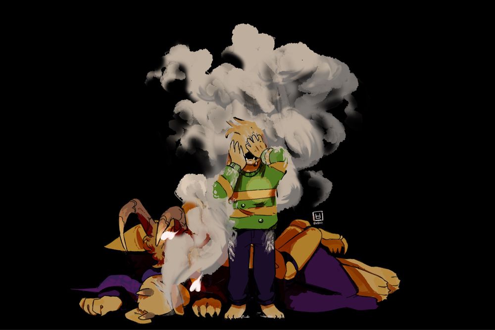 Asriel Dreemurr from Undertale standing in a plume of dust, that comes from his parents who lie dying behind him. Their souls drift towards the plume, but Asriel’s chest is empty. His hands and feet are covered in dust while he cries. 