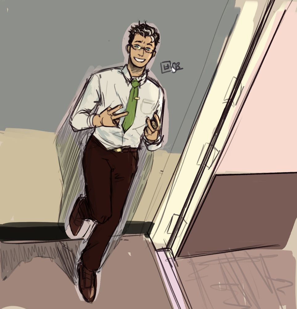 There is a drawing of a very sweet looking chemistry professor leaning up against the wall doing a pose for his students as they take a picture of him. He is very sweetpea.