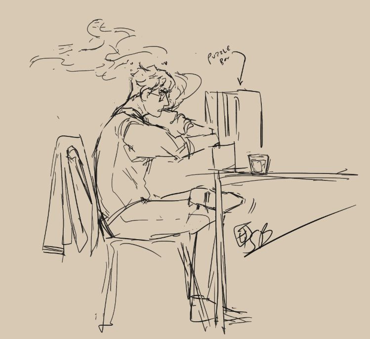 A drawing of some nerd making his puzzle box while smoking. I lied before, I do like him. He's just mean.
