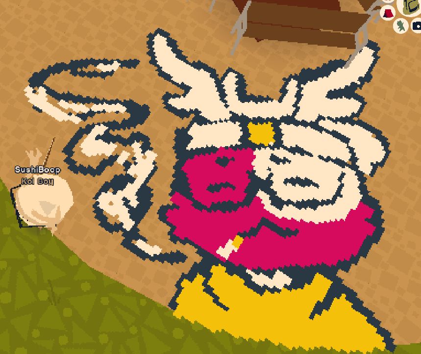 A screenshot of Webfishing. A little cat stands there, wearing a beanie and deer antlers, glasses and a cigarette. There's a chalk drawing in-game of the same cat. 