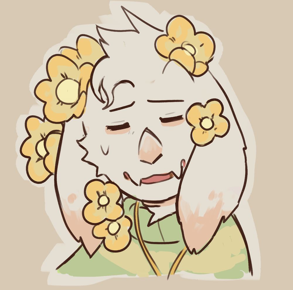A digital drawing of Asriel from Undertale, looking tired, with golden flowers in his hair. 