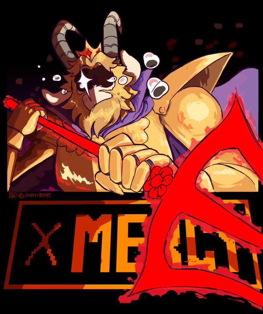 A digital drawing of Asgore Dreemurr, crying in the battle against the Player, with his spear over the mercy button. There are tears in the air. 