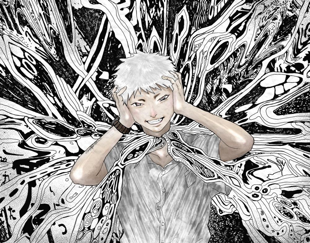 Redraw of a manga panel from the manga The Summer Hikaru Died by me. It shows the mysterious being that lives inside Hikaru seeping from his neck in black & white waves. 