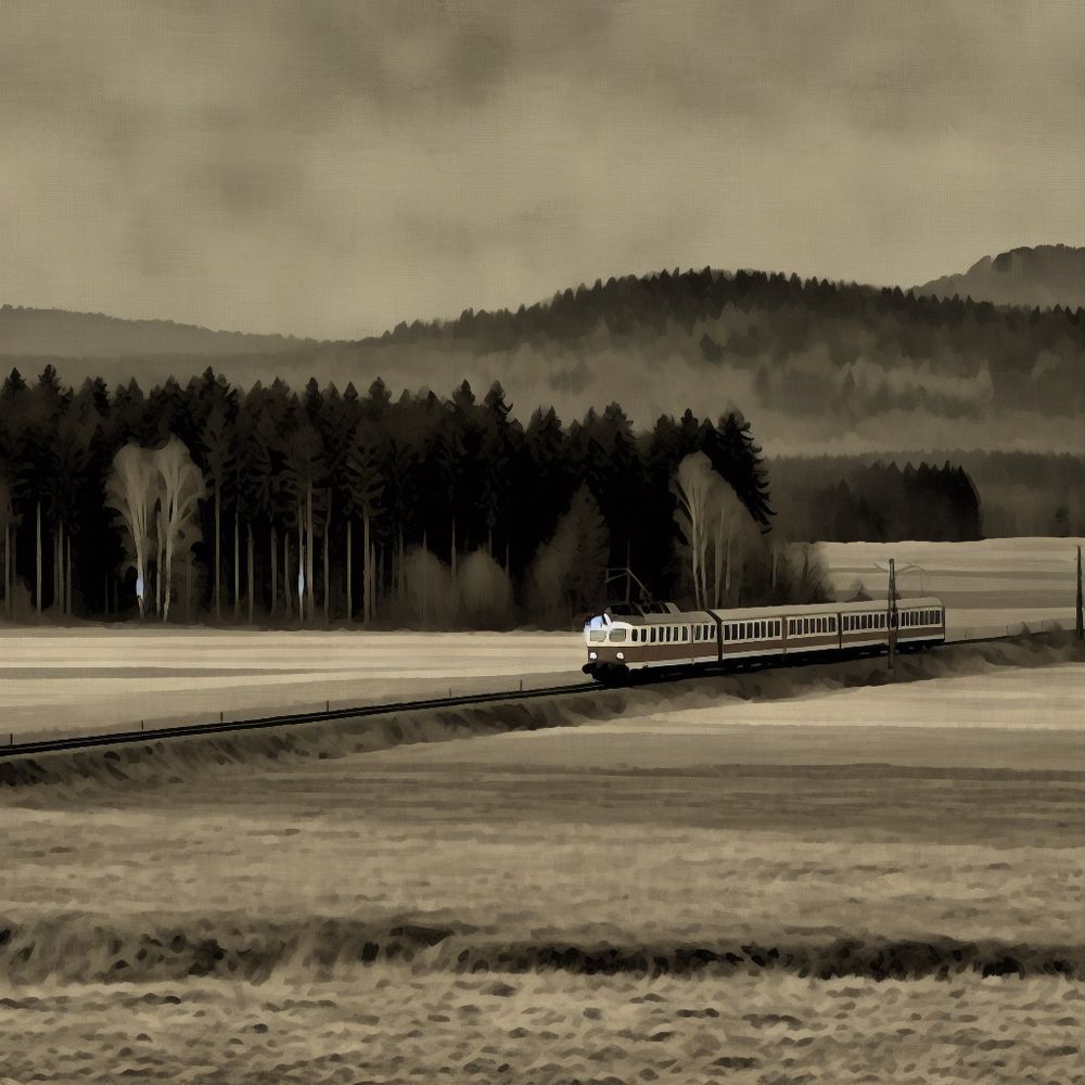 Ein alter Elektrozug, der durch eine graue Landschaft fährt 