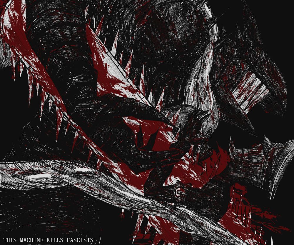 Pochita, the Hero of Hell, dominates the frame as he drives a chainsaw through the midsection of the Nazi Devil. The Nazi Devil is a weak, pathetic-looking devil in a wrinkled, tattered SS uniform, relegated to the bottom right corner. He's utterly incapable of offering any resistance to the massive blade that rams through his chest, taller than his torso. Pochita is hunched forward and looking ahead, as if it's not even worth his time to focus on whatever minuscule threat the devil poses. Pochita is completely drenched in blood. None of it's his.