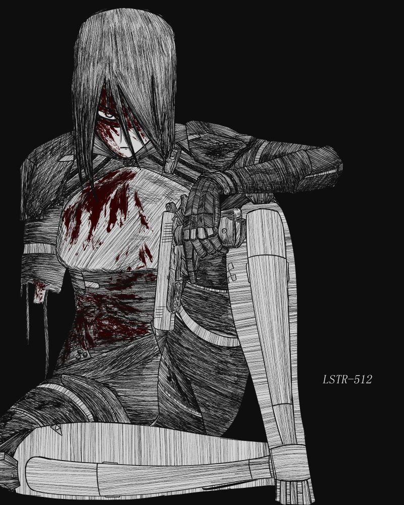 Monochrome illustration of elster missing an arm, sitting in a tired position and holding a pistol. She's covered in blood, which is a dark red.