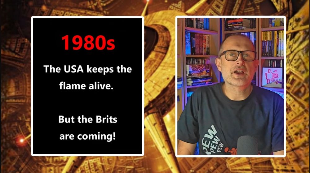 My ugly mug on the right, a title page on the left "1980s, the USA keeps the flame alive, but the Brits are coming. " plus a background image of a stargaze or something.