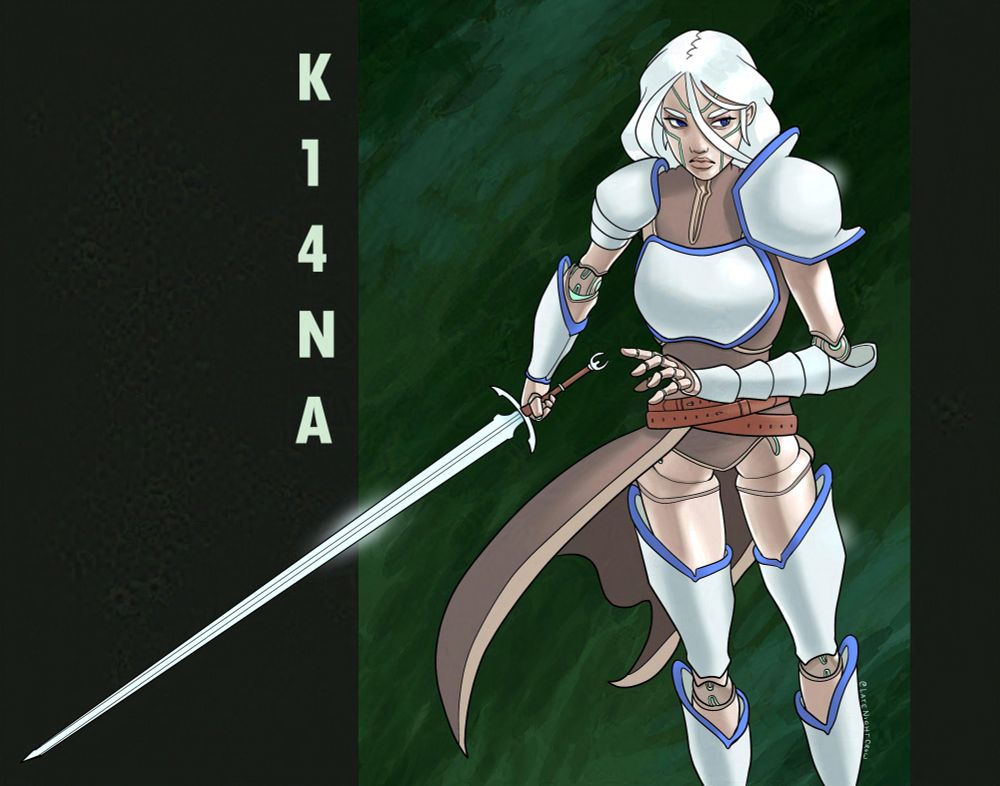 Warrior woman with pale beige skin and white hair.  She wields a long sword and is wearing white armor.  Her joints resemble doll joints.