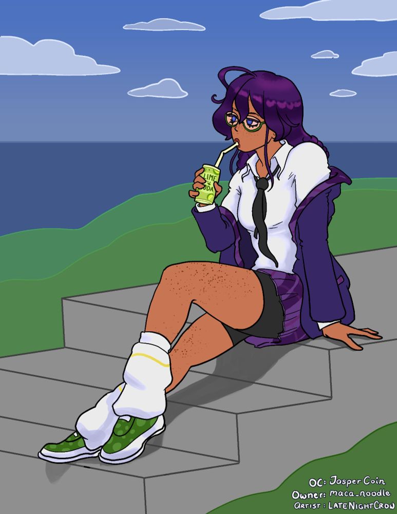 Purple haired girl in school clothes drinking some juice while sitting on concrete steps.
