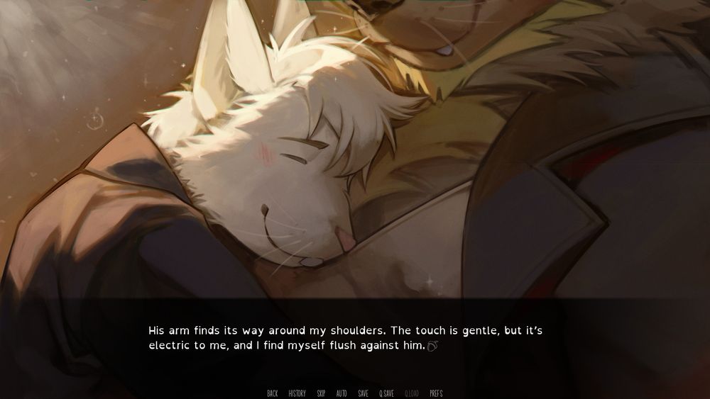 Corey hugging Stephan and pressing his face into the wolverine's chest.