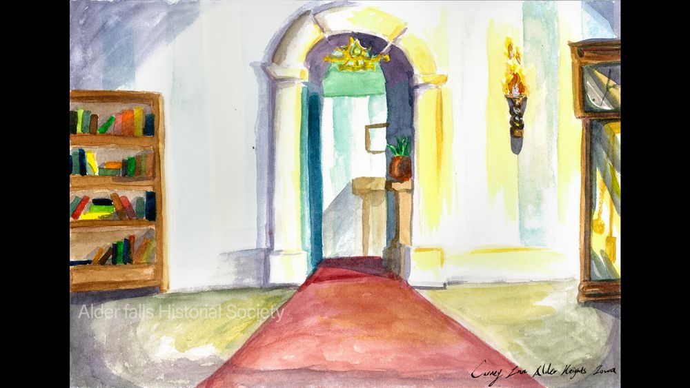 A watercolor painting depicting a doorway with a red runner carpet in front of it. There is a bookshelf as well as a grandfather clock & a torch style lighting fixture on the wall.

Embossed in the painting is the text:
Alder Falls Historical Society
Carney Inn, Alder Heights, Iowa