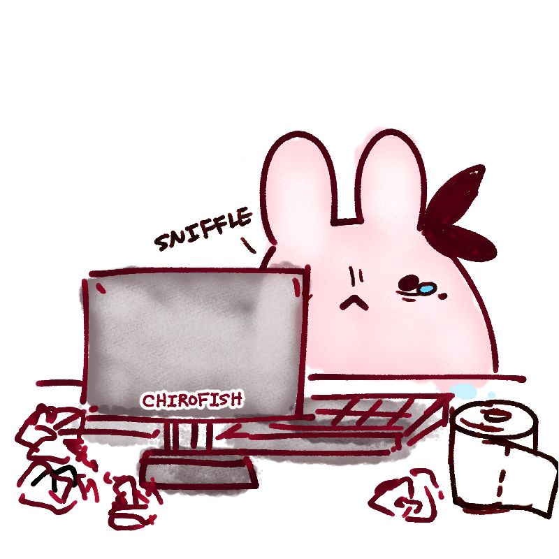 the pink bunny has returned to the desk with the computer monitor to resume work, sniffling and still crying with used tissues scattered around the desk