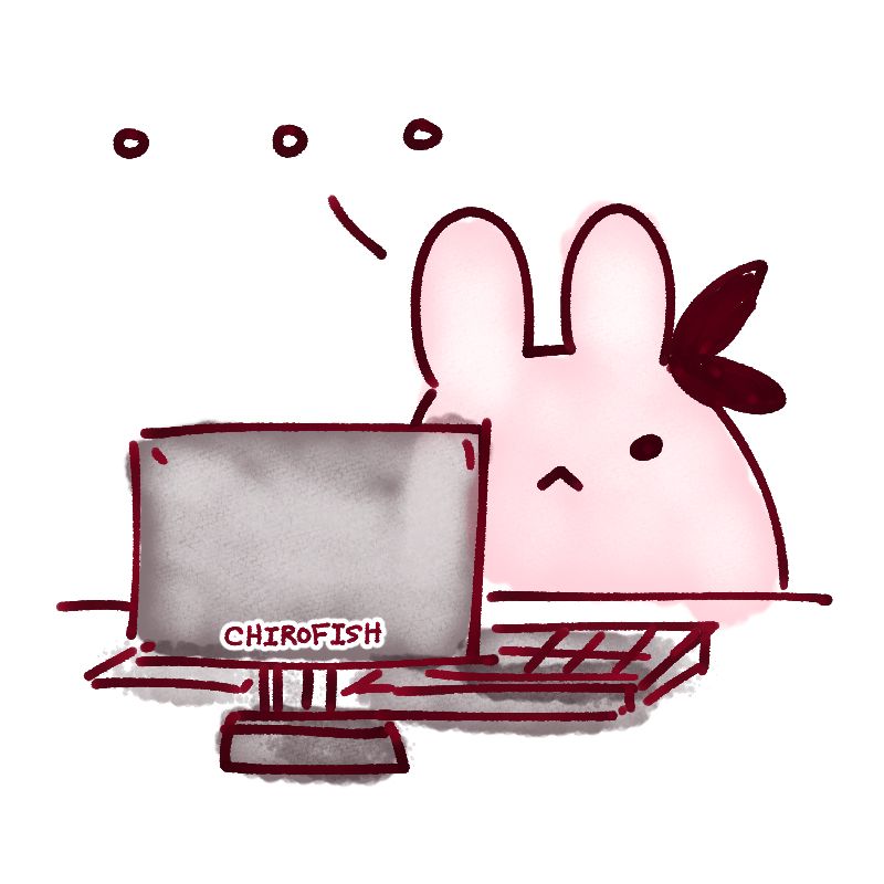 a pink bunny staring silently and intently at a computer screen