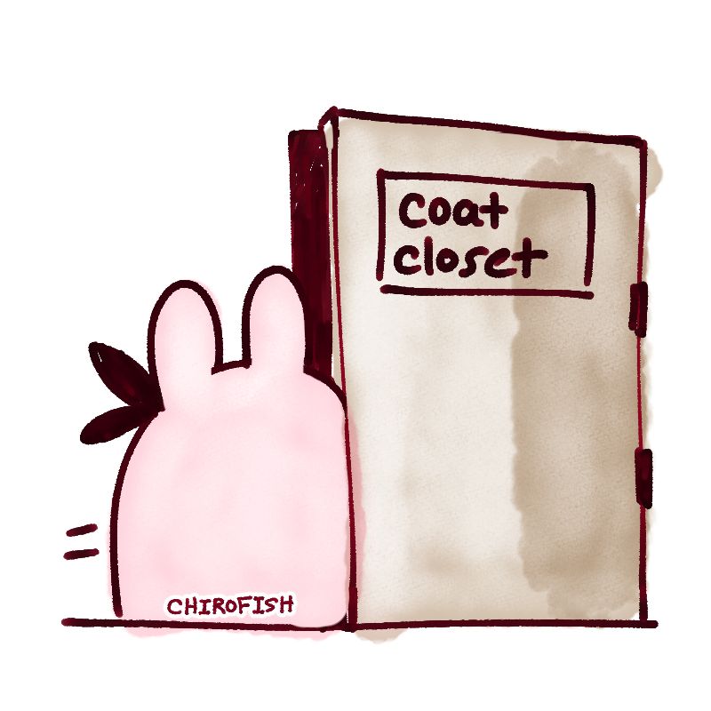 the pink bunny rushes into a coat closet