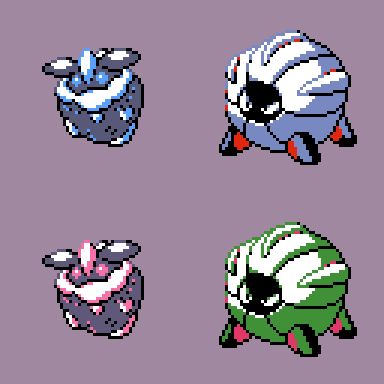 GSC-style pixel art of the Pokemon Carbink and Shelgon