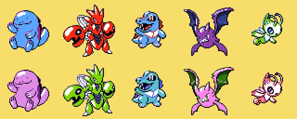 GBC_style sprites of Quagsire, Scizor, Totodile, Crobat, and Celebi