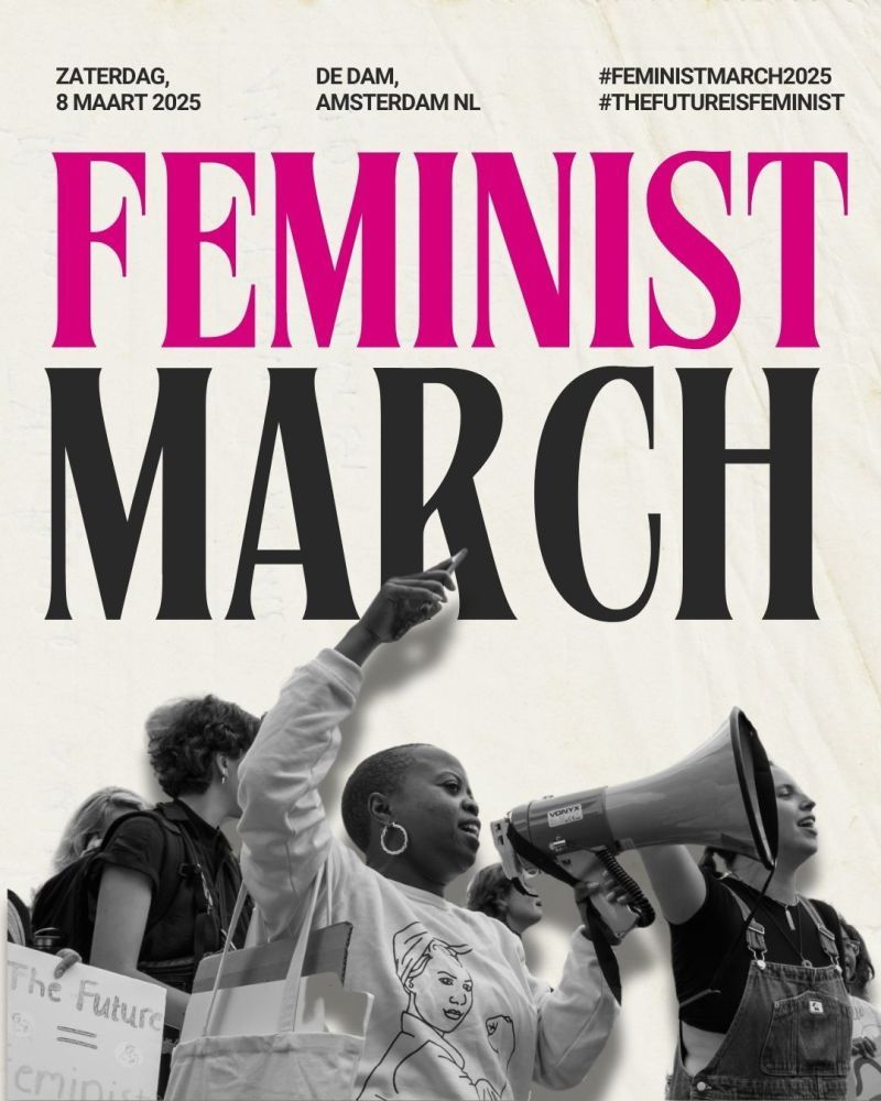Poster met een zwarte vrouw die spreekt in een megafoon en in grote letters de  aankondiging ‘Feminist March’
