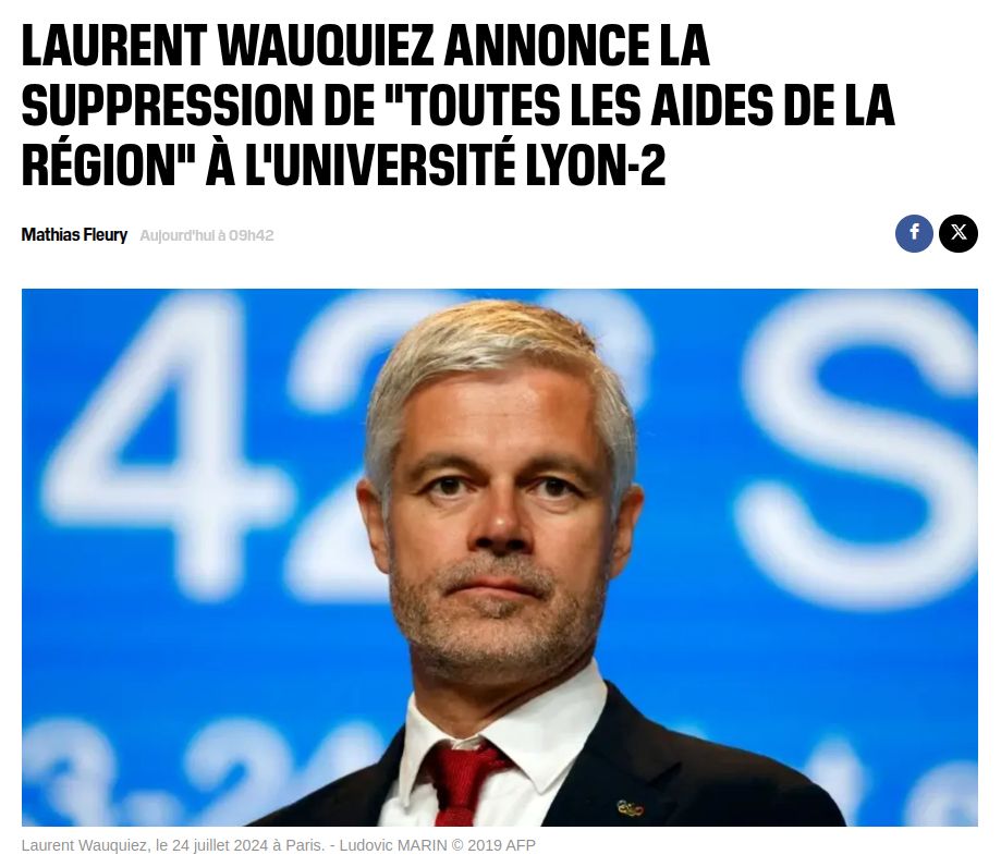 Capture d'écran du site de BFMtv qui dit "Laurent Wauquiez annonce la suppression de "toutes les aides de la région" à l'Université Lyon-2" 