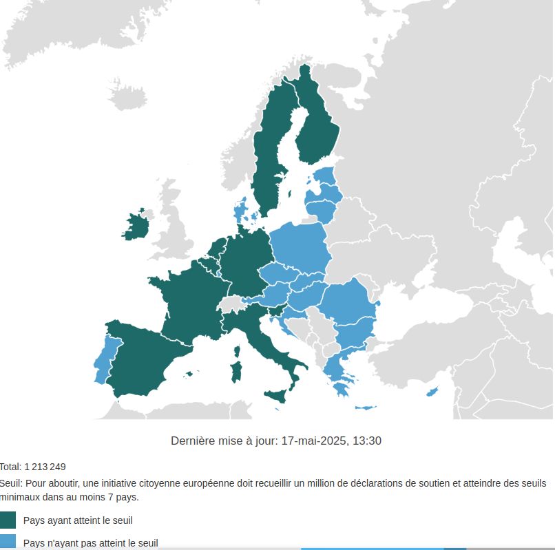 carte des pays de l'UE ayant ou non atteint le seuil du nombre de signatures contre les thérapies de conversion.