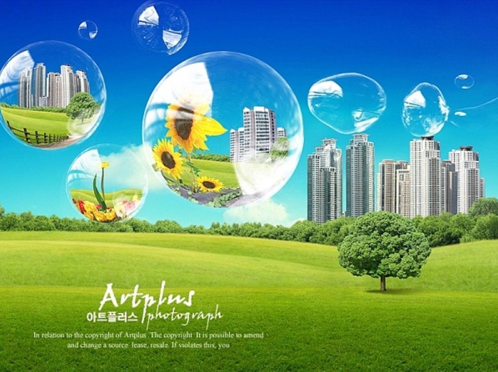 More giant, shiny digital bubbles float over an extremely green meadow in the shadow of a cluster of high-rise apartment blocks, several of which seem to be copies of the same two buildings. Three of the bubbles contain scenes, which are fish-eyed as if reflected by them: A city overlooking a green meadow extremely similar to the background scene, a lone daffodil rising from a crowded flower bed, and three sunflowers facing the viewer away from yet another distant 2000s-futuristic city. At the bottom of this image is the text "Artplus," then some Hangul text and "photograph," and then the English text "In relation to the copyright of Artplus. The copyright. It is possible to amend and change a source lease. If violates that, you"