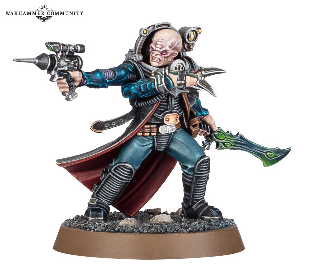 Genestealer cults promis in black armour with blue cloth and carapace on its flesh in brighter blue 