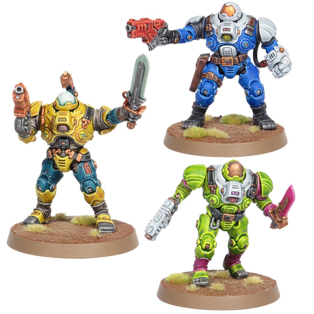 Three leagues of Votann Ironkin steeljacks with melee weapons. One is red and white with gold grim carrying one concussion gauntlet and a Red bolter. Another has a plasma blade outstretched and has yellow armour with teal panels. The third is bright green with pink cloth and plasma blade