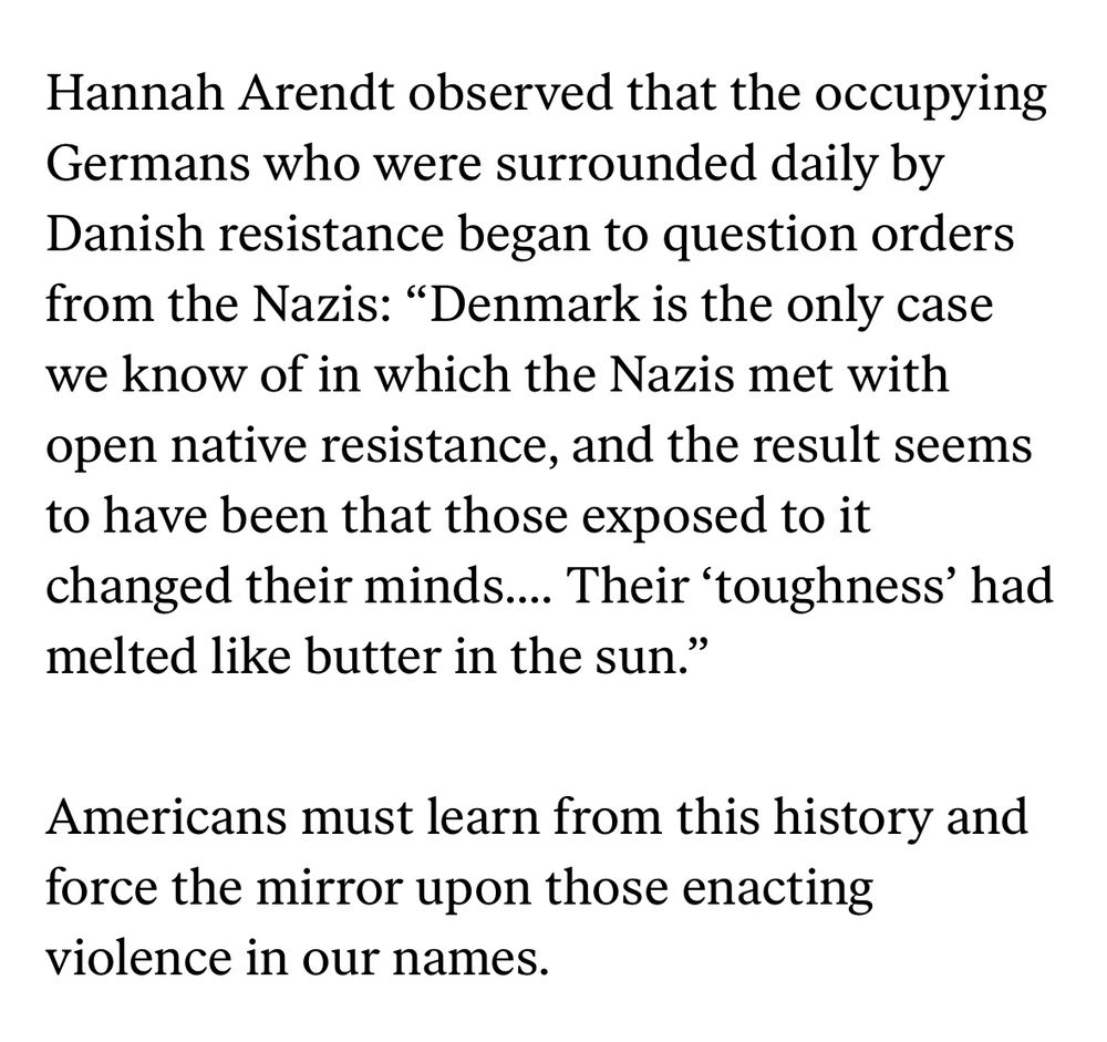 Hannah Arendt observed that the occupying Germans who were surrounded daily by Danish resistance began to question orders from the Nazis: “Denmark is the only case we know of in which the Nazis met with open native resistance, and the result seems to have been that those exposed to it changed their minds.… Their ‘toughness’ had melted like butter in the sun.”

Americans must learn from this history and force the mirror upon those enacting violence in our names.