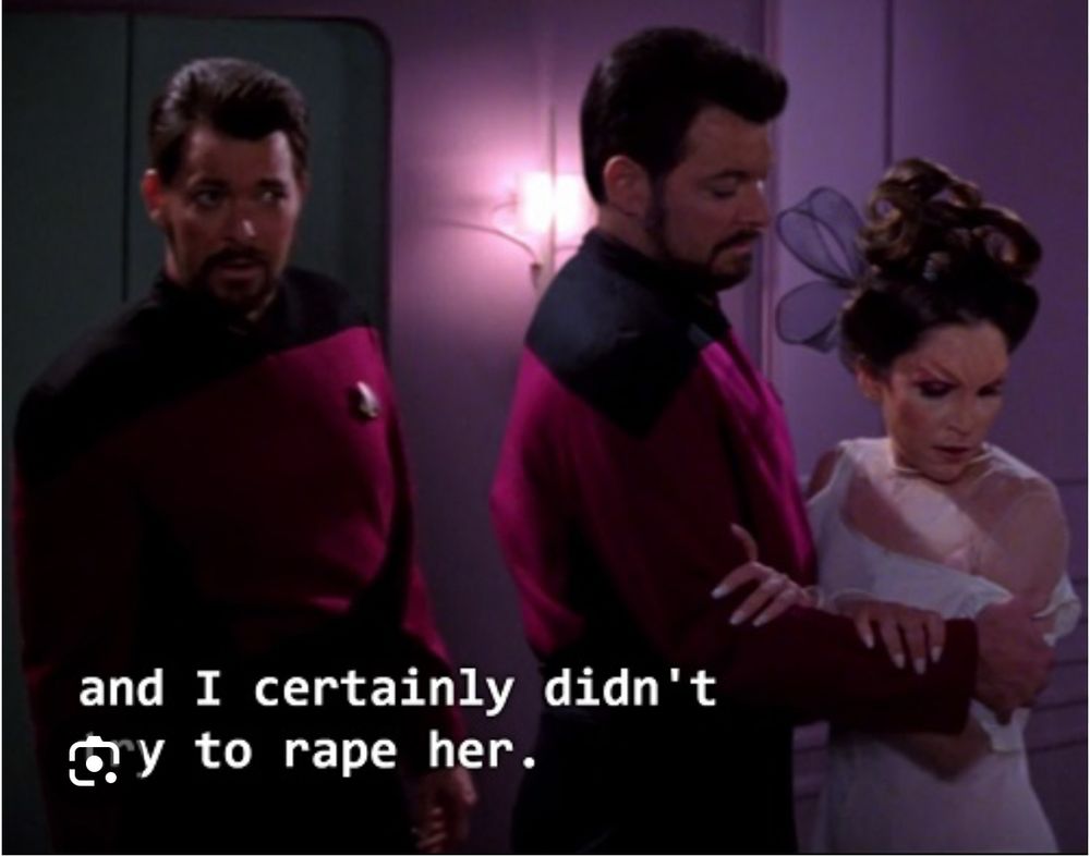 Still from the Star Trek: The Next Generation episode “A Matter of Perspective” where Riker is defending himself against a rape accusation 