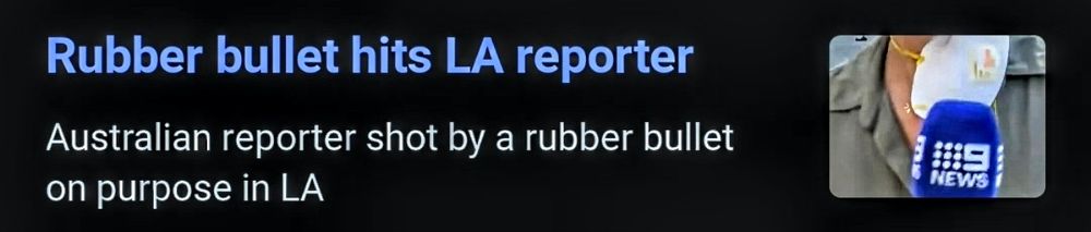 "Rubber bullet hits LA reporter"
Australian reported shot by a rubber bullet on purpose in LA