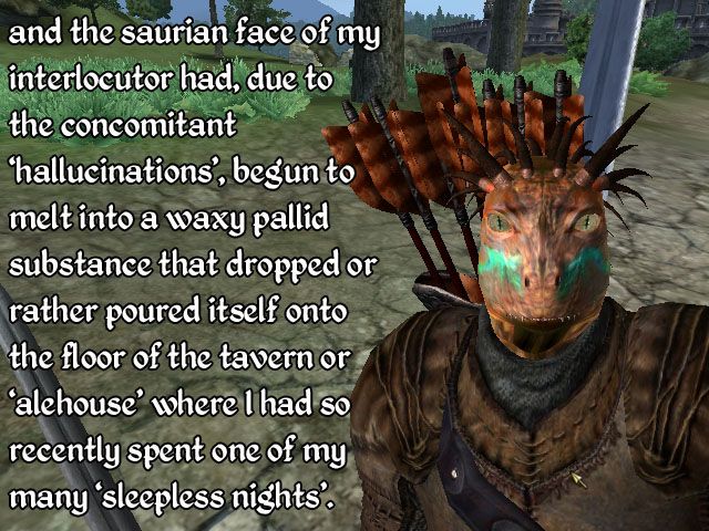A close-up of one of the lizard-headed characters, who stares expressionlessly at the camera.  The caption takes up half of the screen now.  It reads:

and the saurian face of my interlocutor had, due to the concomitant 'hallucinations', begun to melt into a waxy pallid substance that dropped or rather poured itself onto the floor of the tavern or 'alehouse' where I had so recently spent one of my many 'sleepless nights'.
