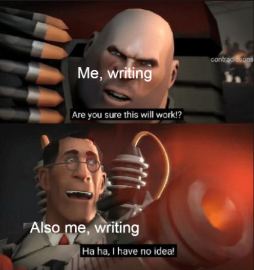 Top half - Me, writing: "Are you sure this will work!?" (contradictions in the background)

Bottom half - Also me, writing: "Ha ha, I have no idea!"
