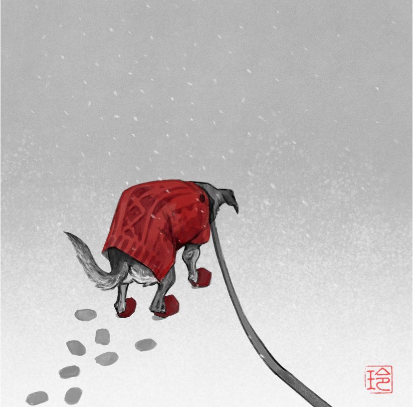 Drawing of my dog wearing red sweater and dog shoes looking sad in the snow