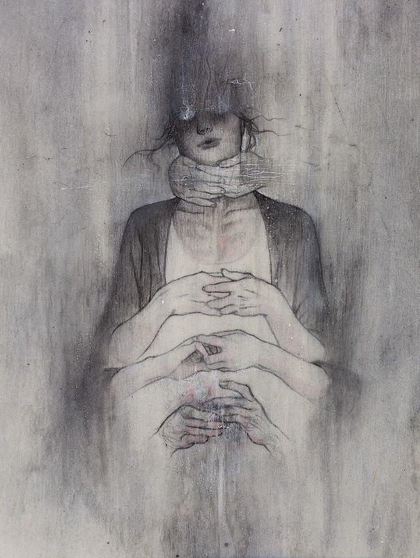 Drawing of a figure being held by a pair of hands by her neck, three pairs of hands are shown in front of her, all in different gestures. Graphite mixed media.