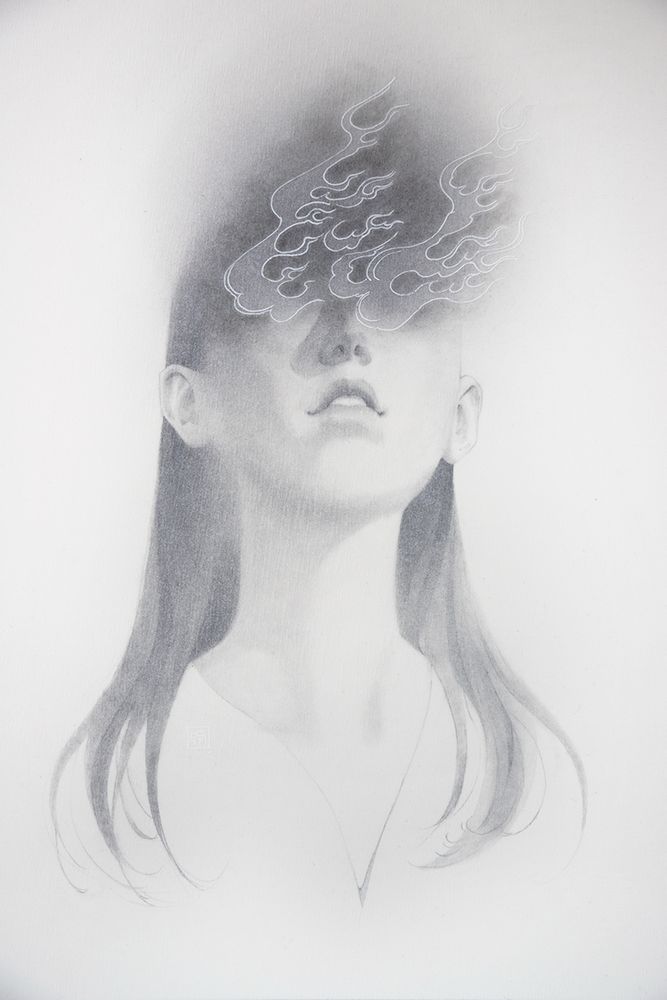 Drawing of a girl whose eyes are covered with fire. Graphite mixed media
