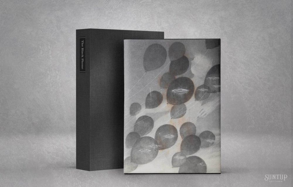 Cover art for Joe Hill’s The Black Phone. A ghostly silhouette of a boy carried to the sky by the black balloons. Graphite mixed media.
