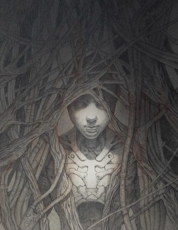 Cover art for Brian Evenson’s Good Night, Sleep Tight. A robot covered by vines that morphs into organic branches and vines. Graphite mixed media.