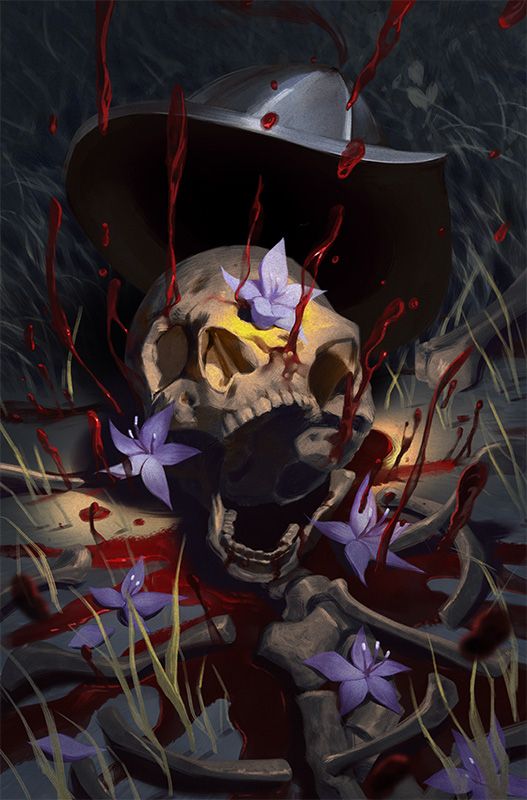 Briar #8 variant cover. Client: Boom! Studios.

Skull and bones drawing blood into it. Purple flowers are scattered around, this is a scene of resurrection magic is being performed. The skull has metal helmet that indicates this is one of the characters mentioned in the story.