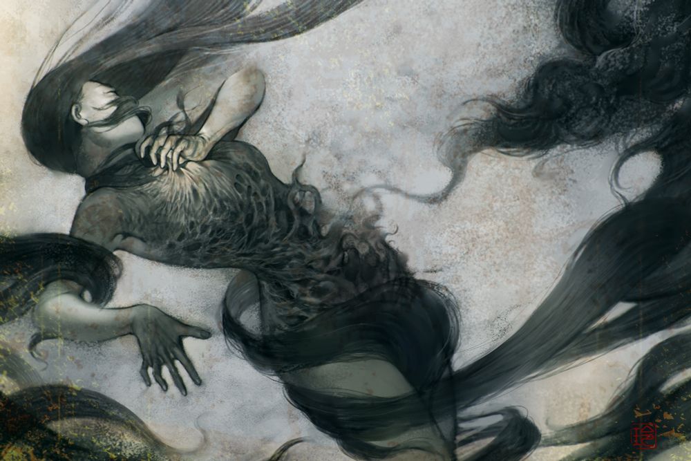 Drawing of a figure, its torso eroding, holding tight on its throat, its mouth is covered by its hair