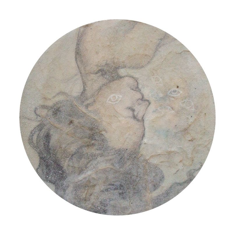 A drawing of a woman, side profile, upside down with flowy hair, obscured by textured paper