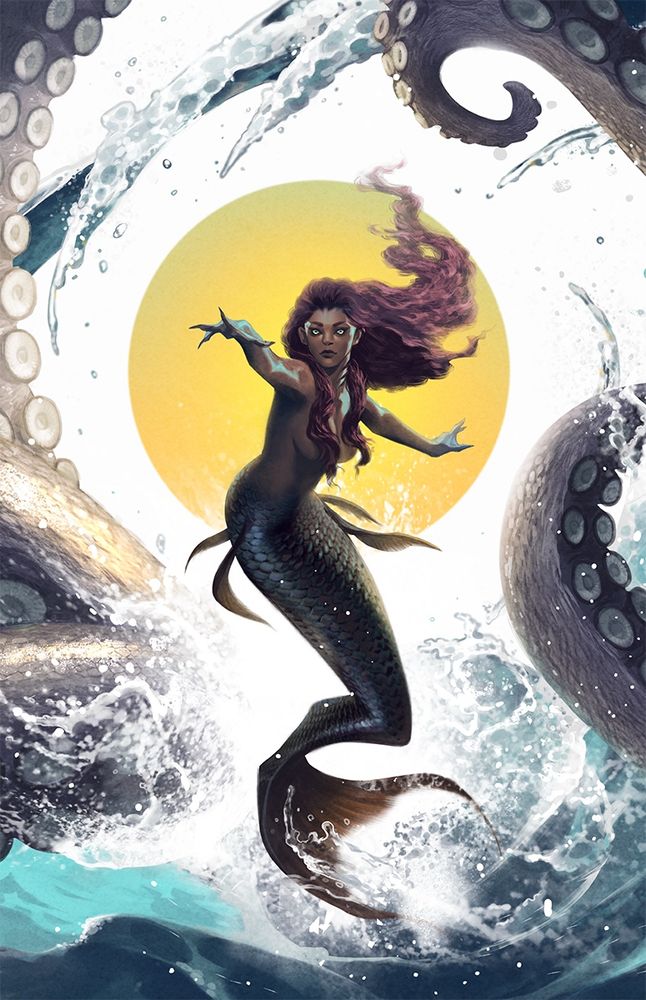 Cover art for Mirrored Heavens by Rebecca Roanhorse, commissioned by @thebrokennbinding . Featuring a mermaid summoning a sea monster 