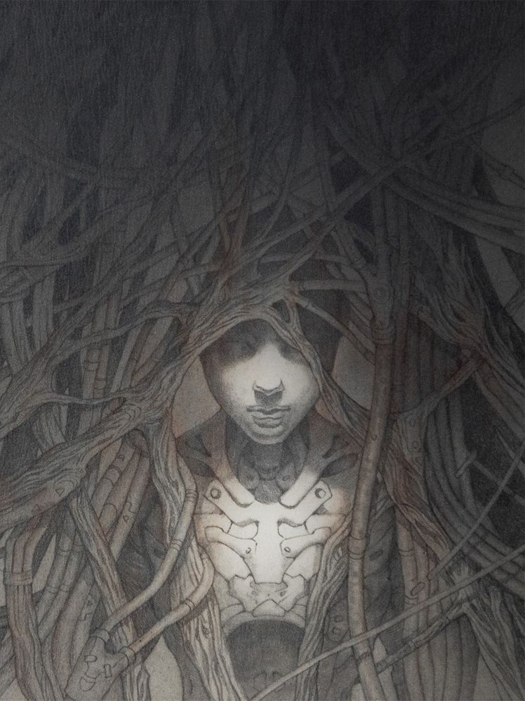 Cover art for "Good Night, Sleep Tight". Client: Coffee House Press

An android buried in the roots and cables. The cables and roots are entangled and covering the android as if it's trapped in a net of technology and organic matters. The spot light and the empty gaze of the android emphasizes the quietness in the scene.