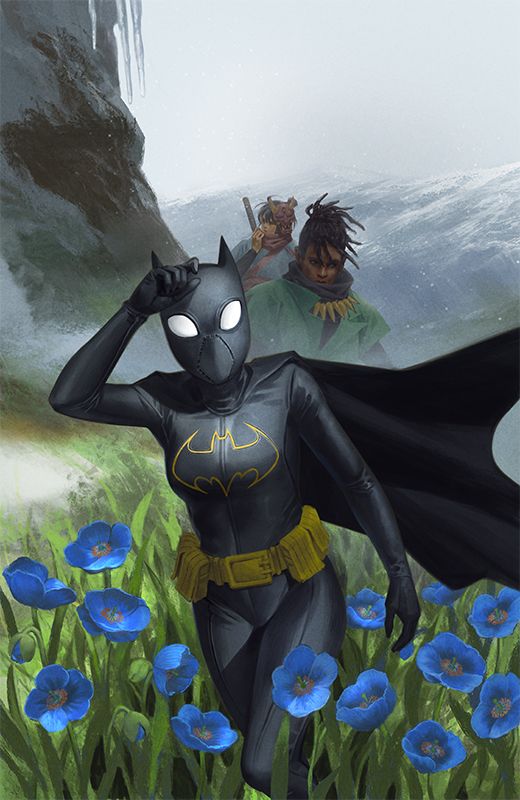 Batgirl #13 main cover. Batgirl, Tenji and Jaya are walking on the snowy mountain road as they enter the field of blue poppies