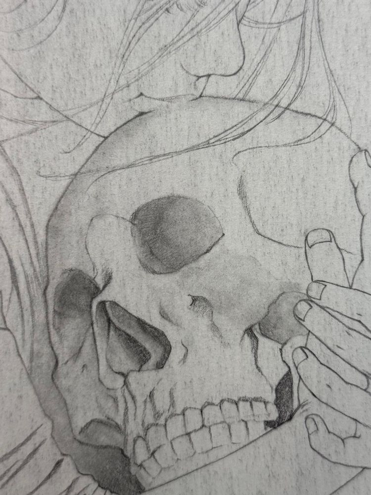 WIP, drawing of a skull embraced by a child