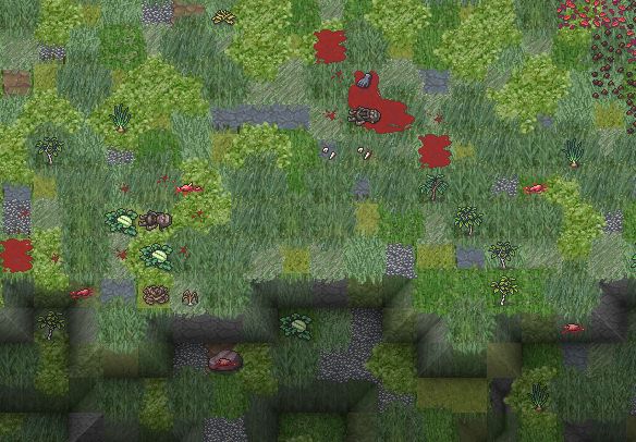 DF screenshot: two dead dwarves, lots of miscellaneous flesh chunks, and some pools of blood and scattered clothes, all on a grassy hill.