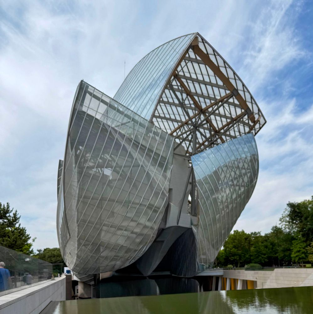 Frank Gehry's jaw-droppingly glorious gallery in the Bois de Boulogne, Paris. In glass and steel. Reminiscent of a galleon in full sail. 