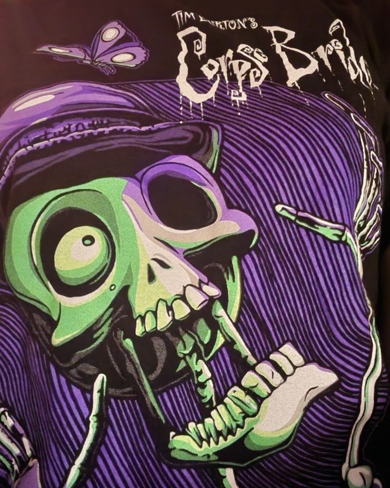 Mr Bone Jangles. A fly skeleton in a bowler hat, green light shining on his face, against a purple background. A corpse moth hovers above his head.